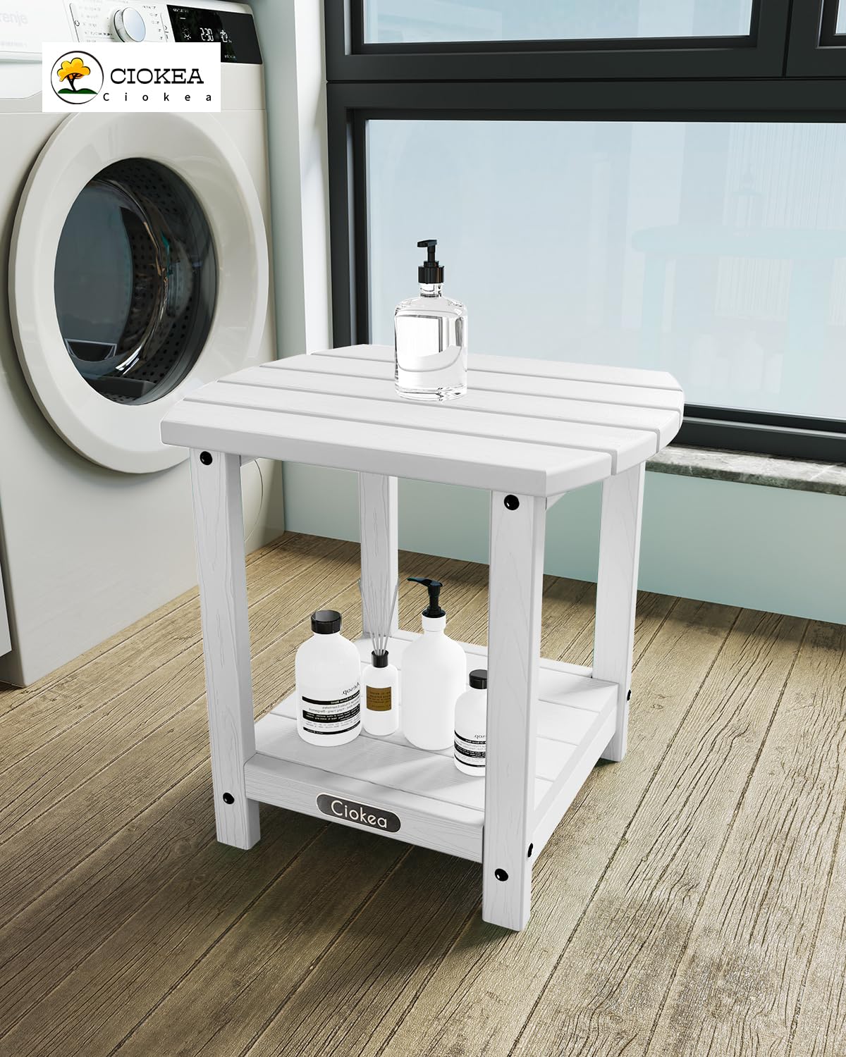 Ciokea table beside Adirondack chair showing size and practical scale for seating areas