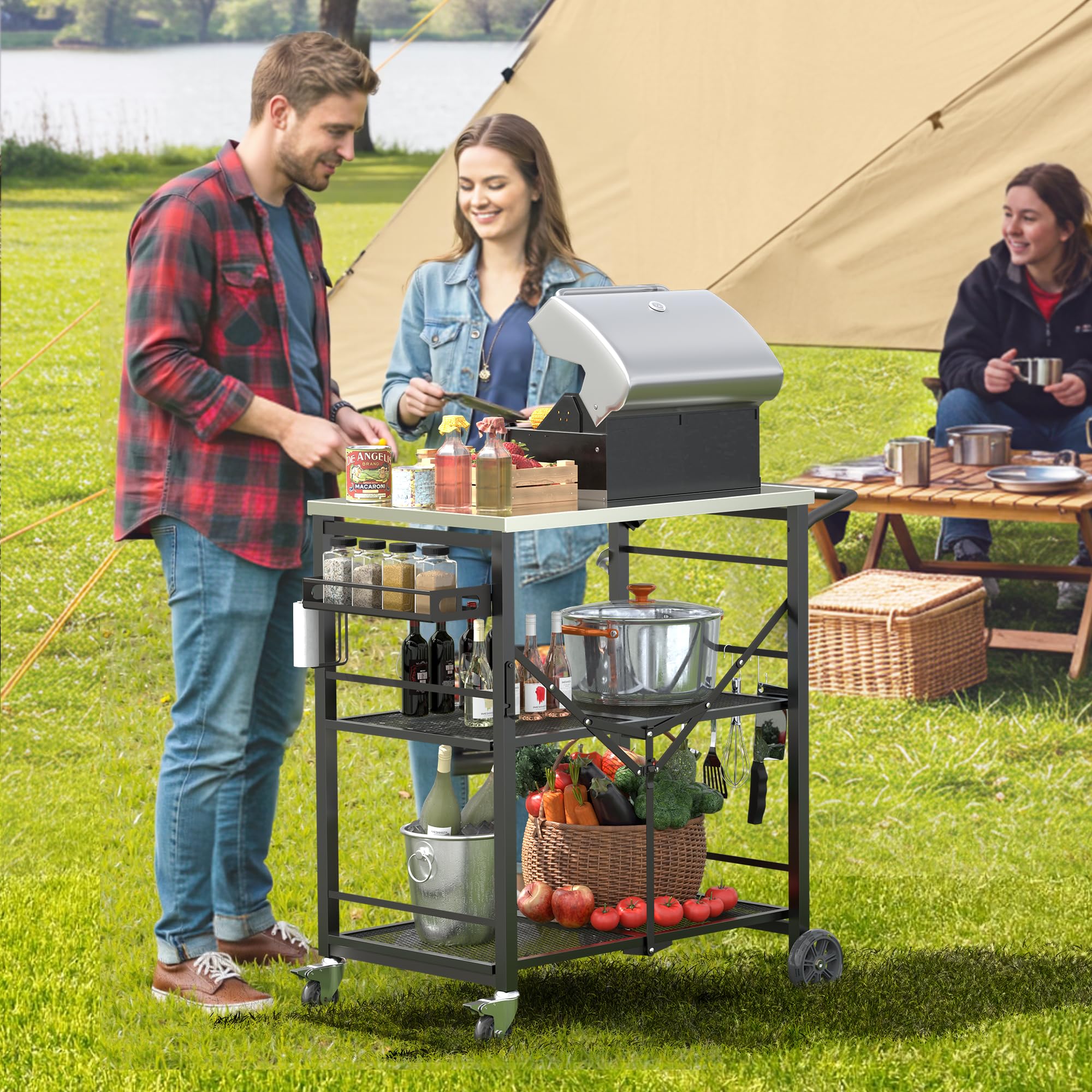 Ciokea cart in use with pizza oven showing stable prep station for outdoor cooking