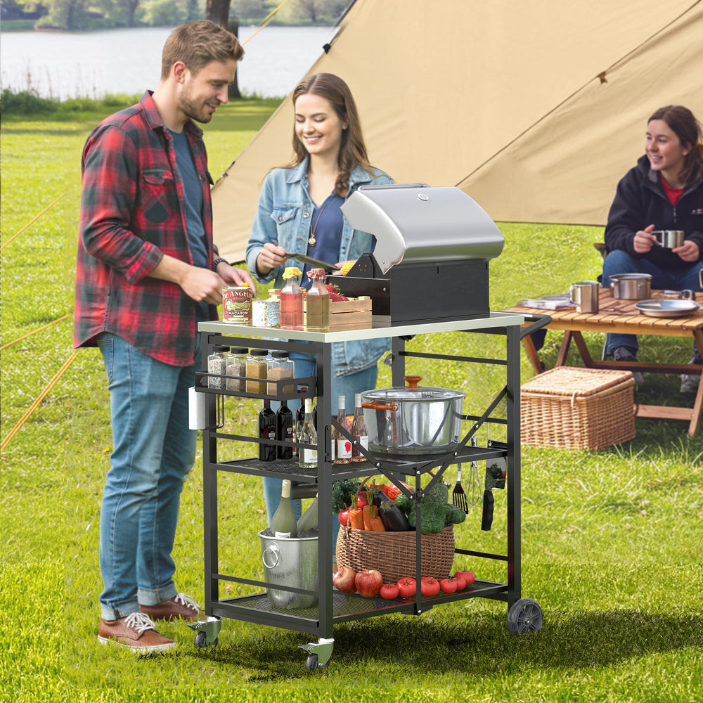 Ciokea cart in use with pizza oven showing stable prep station for outdoor cooking