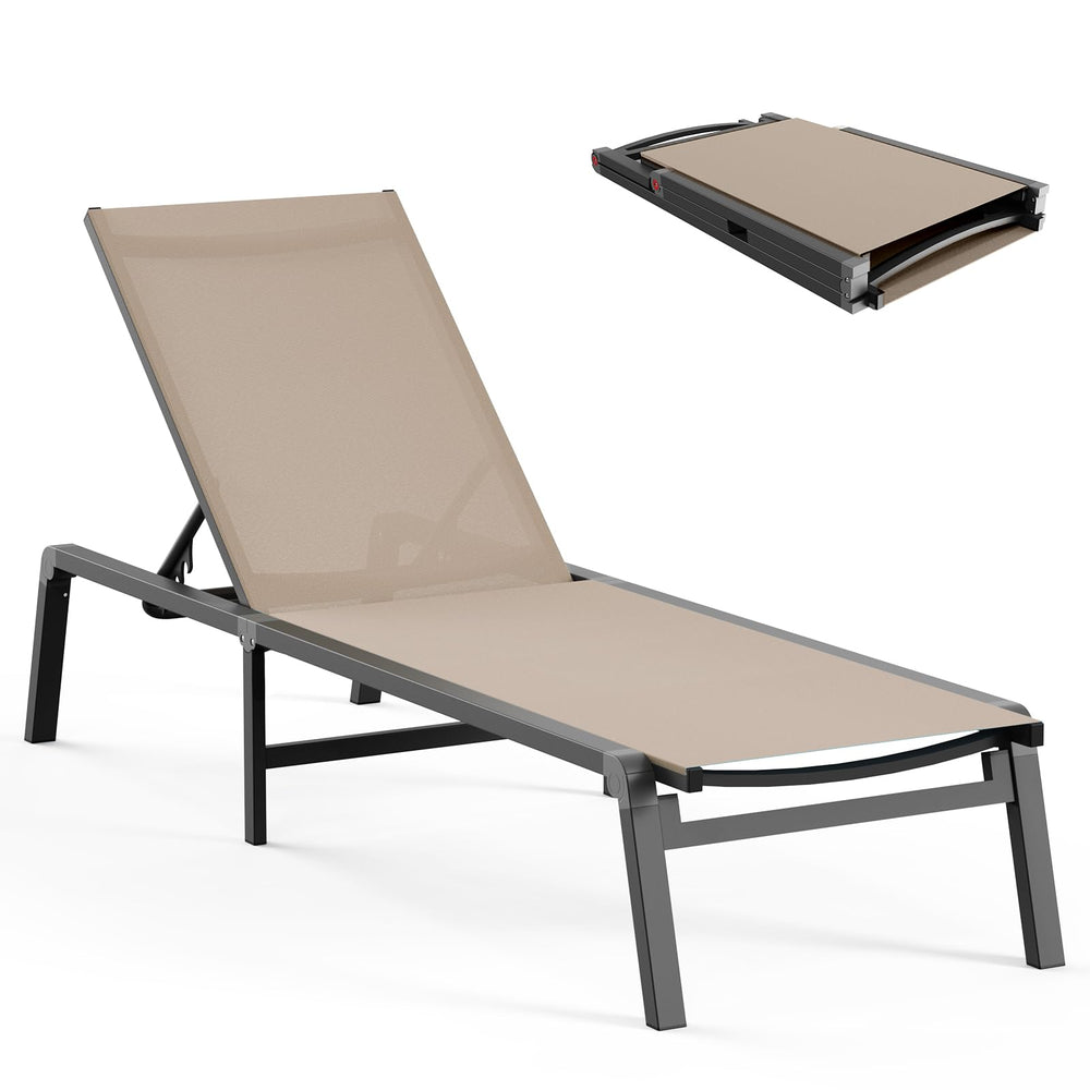 Ciokea front view khaki chaise lounge showing full recline comfort