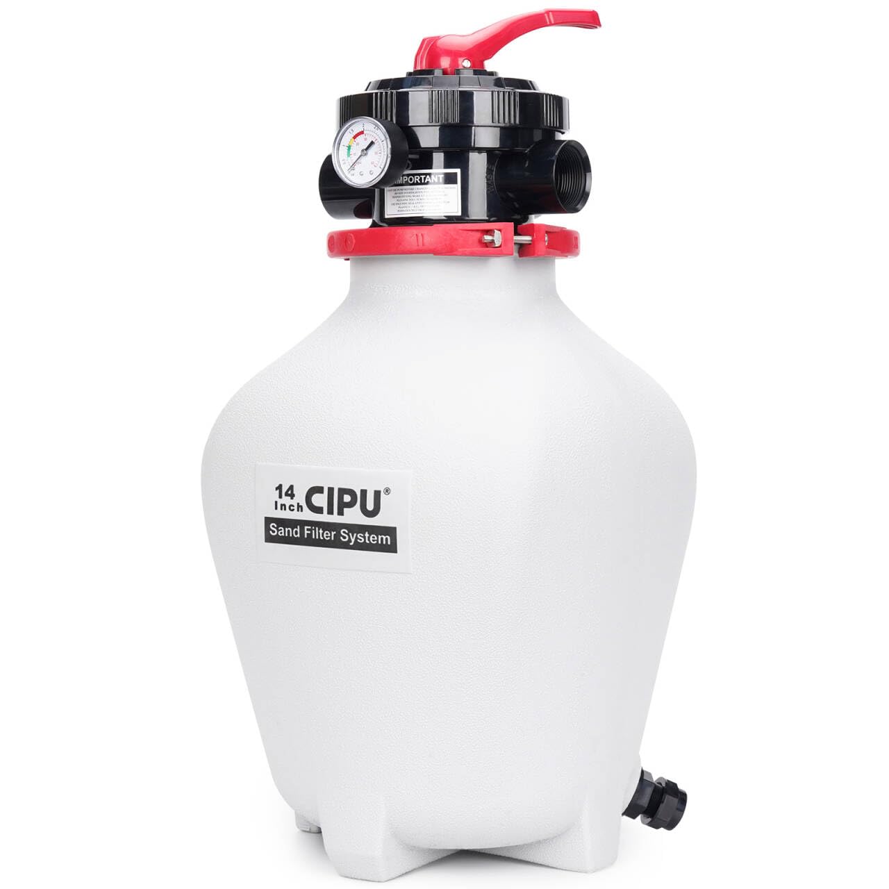 CIPU front view showing robust 14-inch tank and label for durable filtration benefit