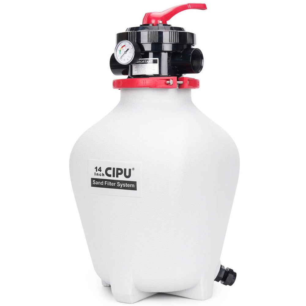 CIPU front view showing robust 14-inch tank and label for durable filtration benefit