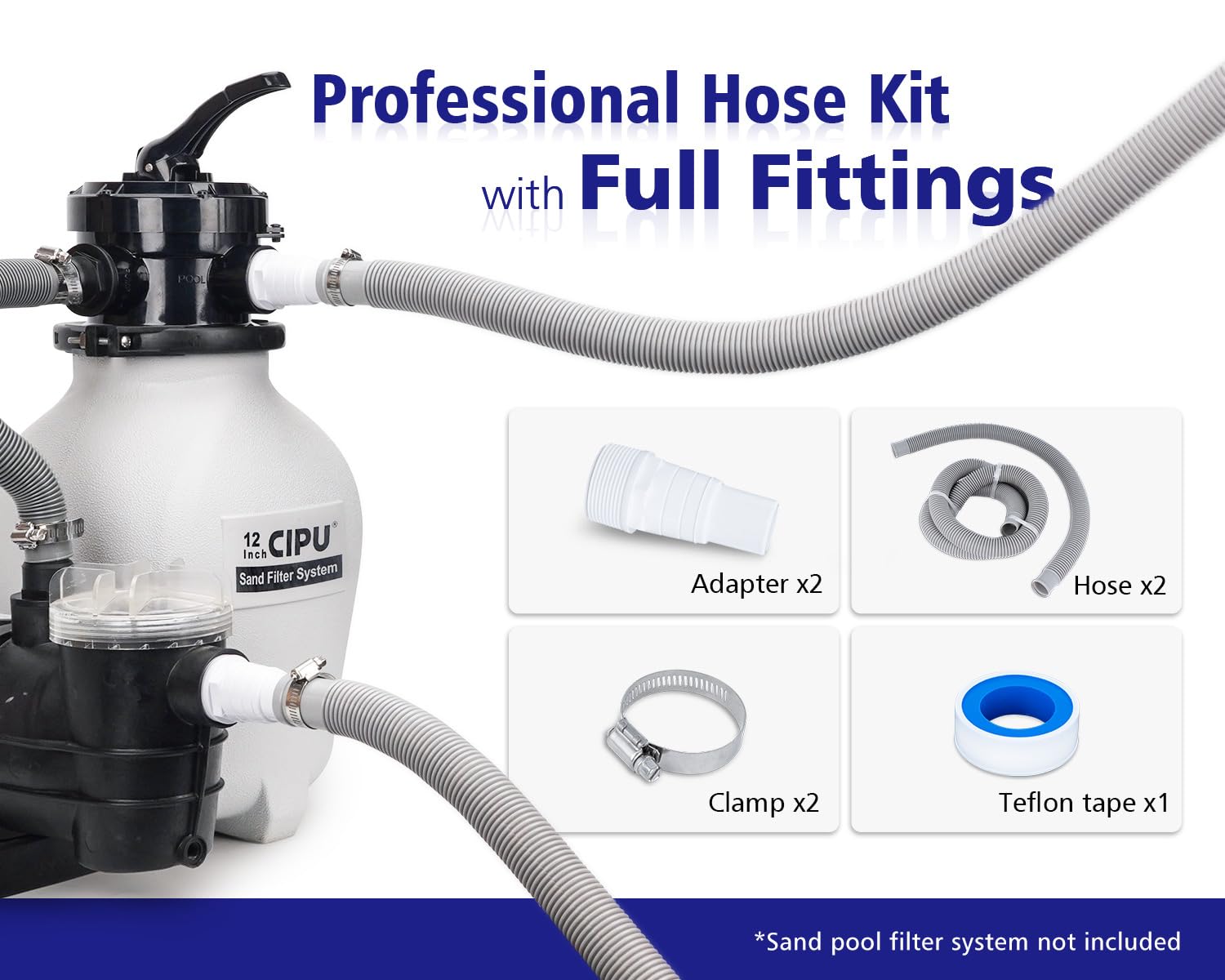CIPU 6 ft and 3 ft hoses laid out showing lengths and fit for pool systems