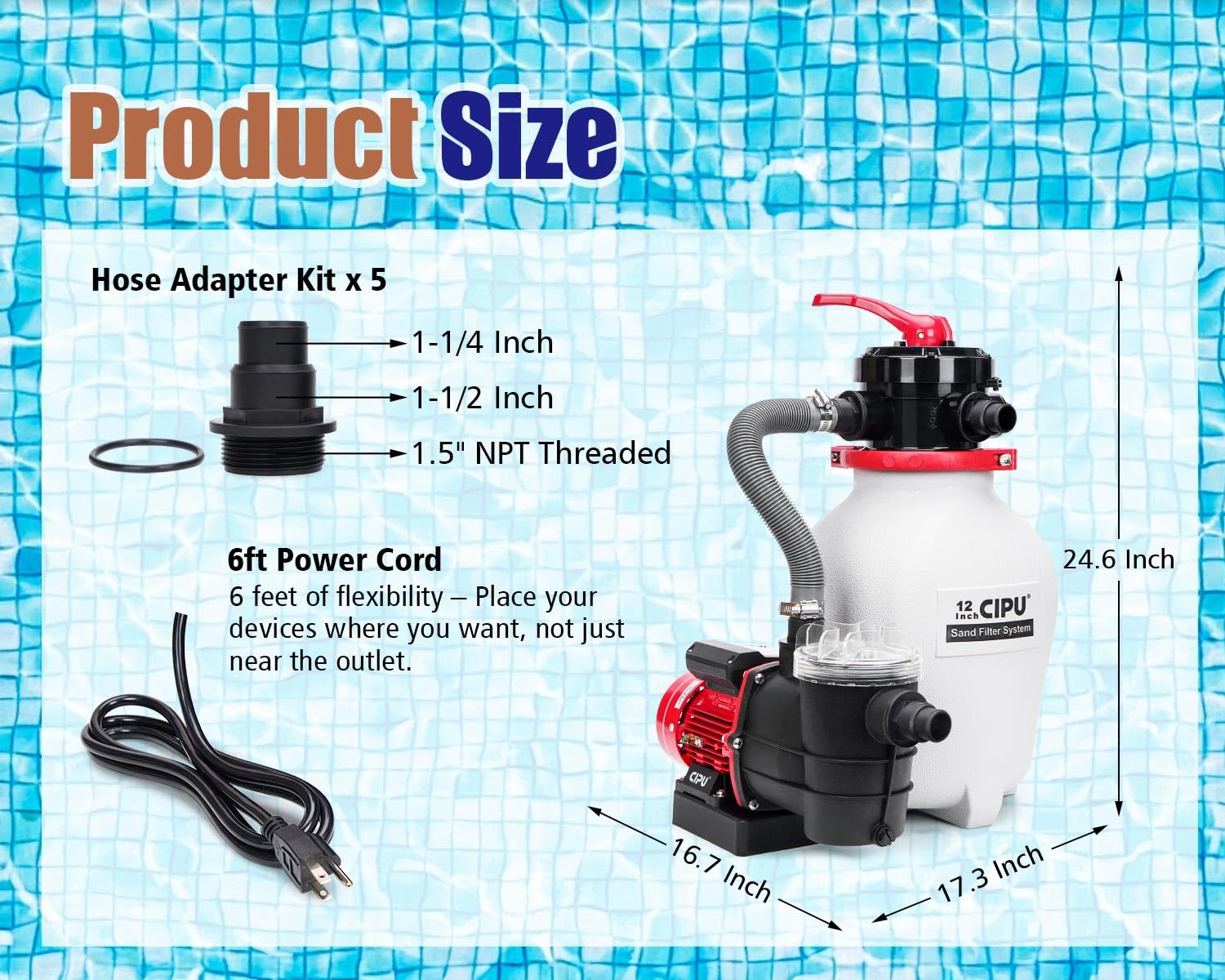 CIPU scale comparison showing 18ft pool fit and suitability for pools up to 7,500 gallons