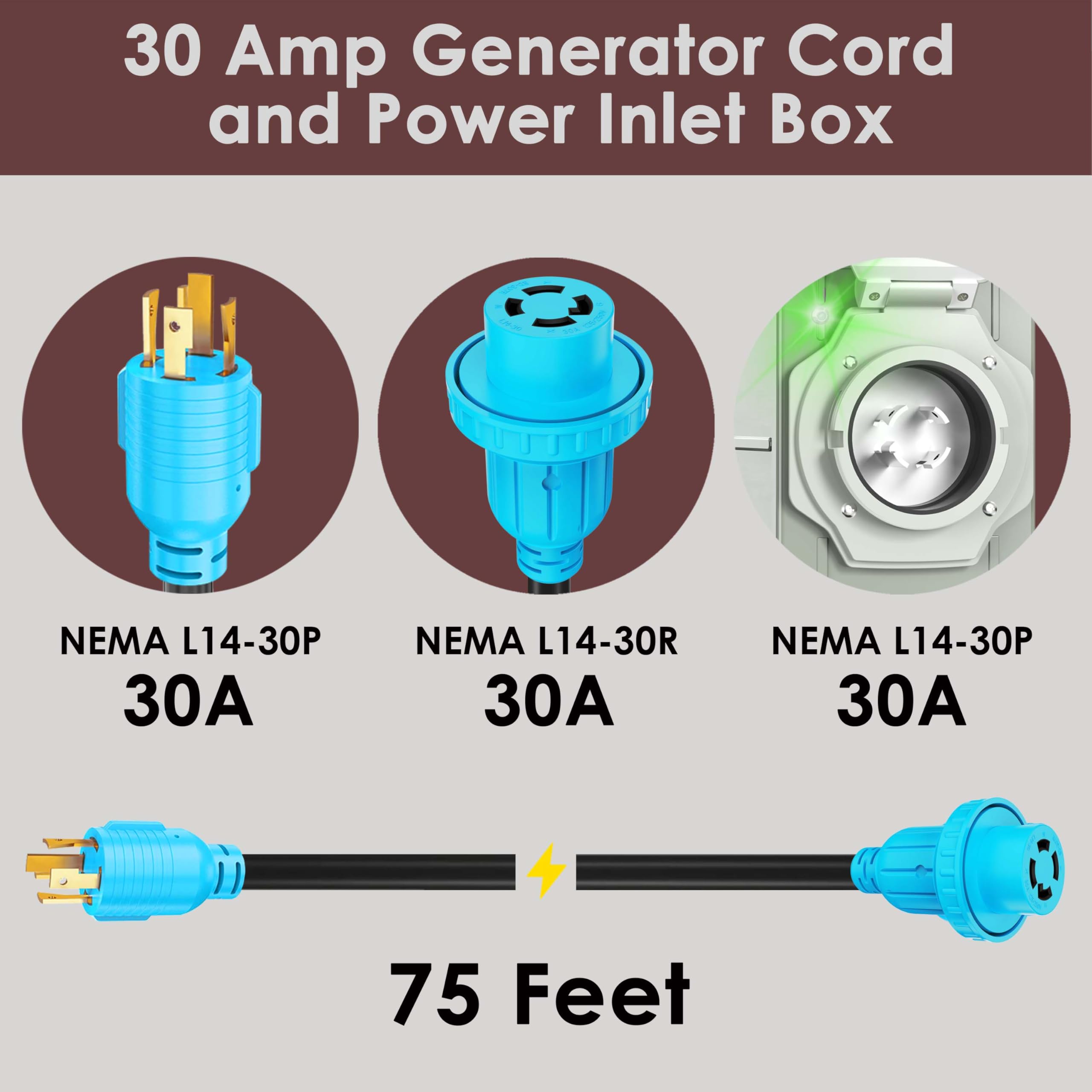 CircleCord NEMA L14-30P connector closeup showing durable contacts for safe transfer