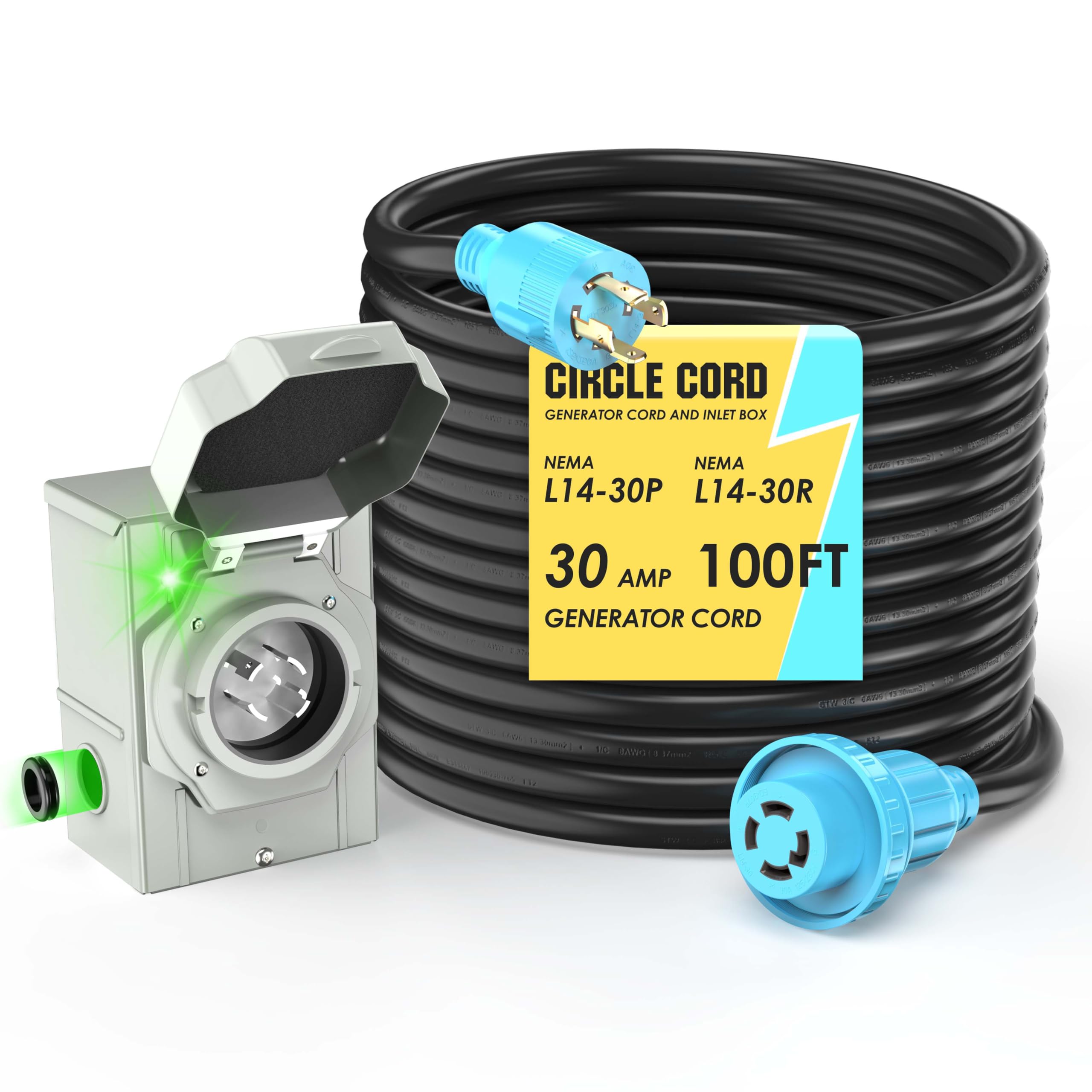 CircleCord inlet box front view showing weatherproof design and organized inlet