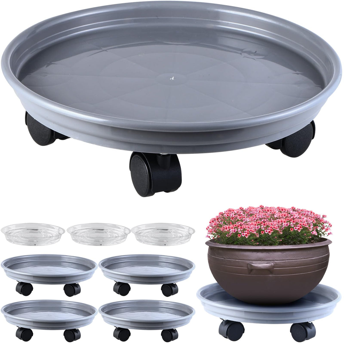 Circloophs front view of five grey plant caddies showing full set and benefits