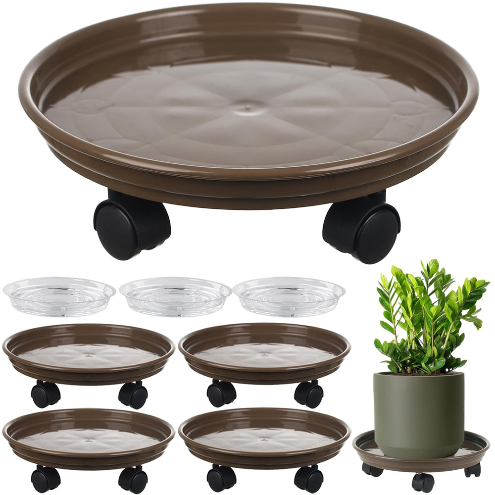 Circloophs front packaging showing five coffee brown rolling plant caddies, easy storage benefit