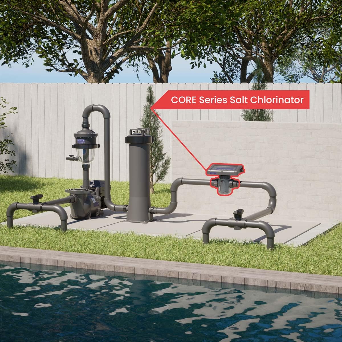CircuPool CORE35 weatherproof housing detail showing IP66 protection and outdoor durability benefit