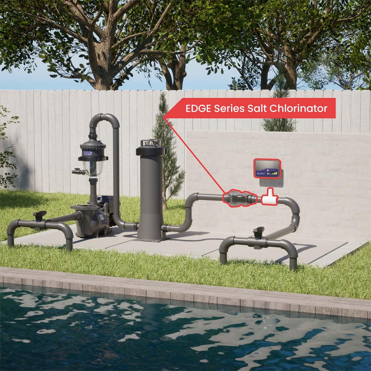 Circupool EDGE25 mounted outdoors next to pool equipment demonstrating rugged, weatherproof installation