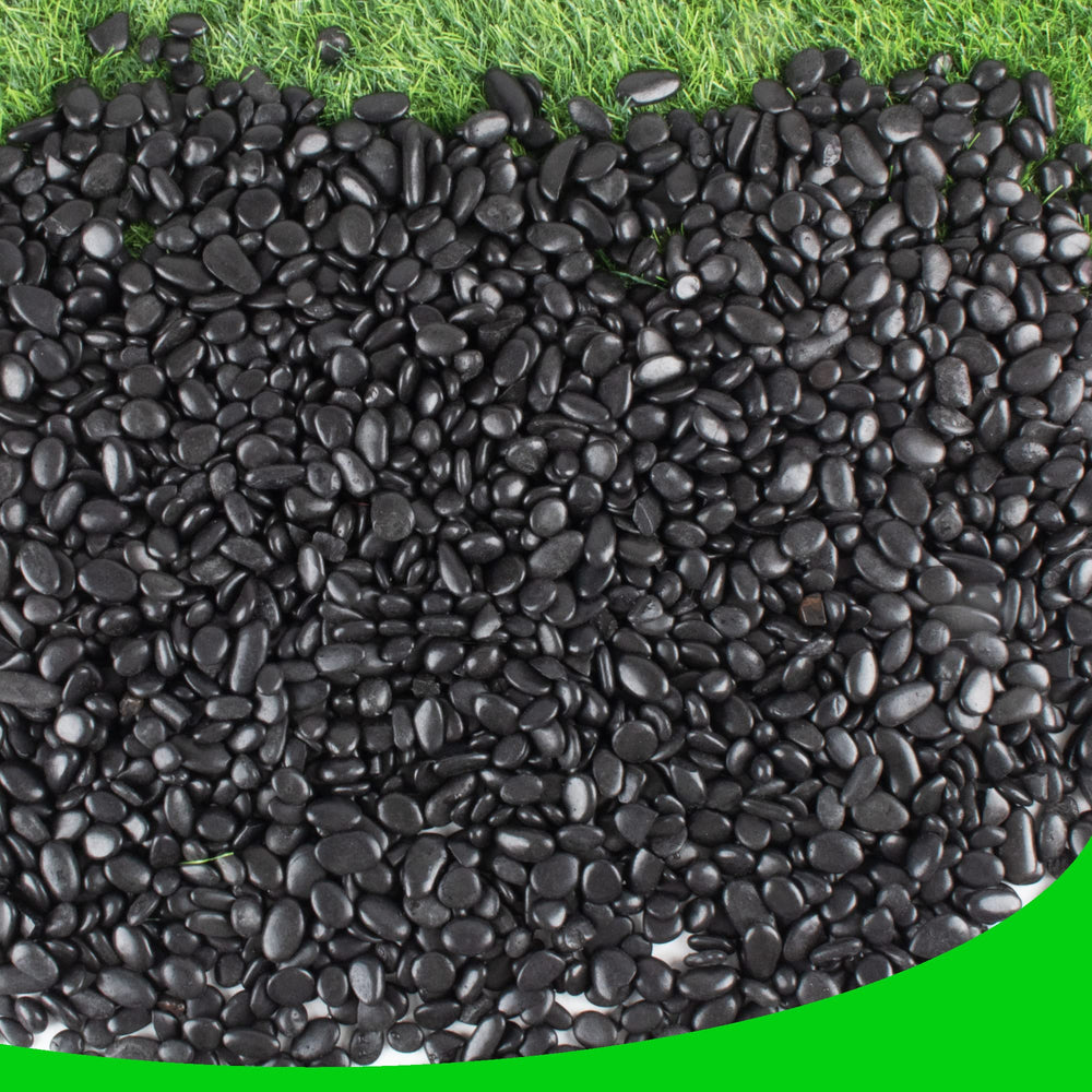 CJGQ polished black pebbles front view showing bag and dark finish benefit