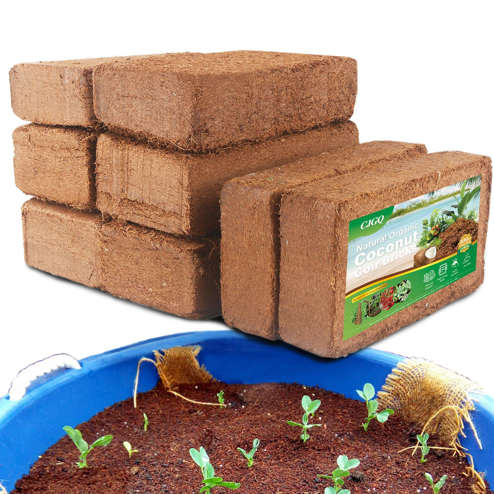 CJGQ front packaging showing eight coco coir bricks and compact storage benefit