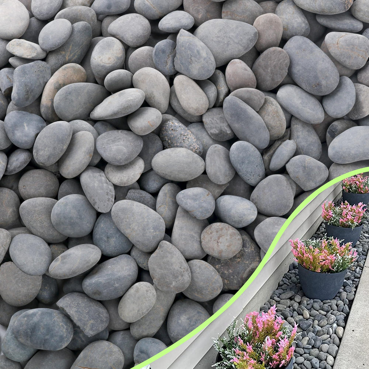 CJGQ front pile of river rocks showing full bag, durable landscaping finish