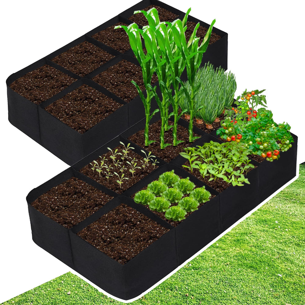 CJGQ front view of 3x6ft grow bags showing planting layout and space saving benefit