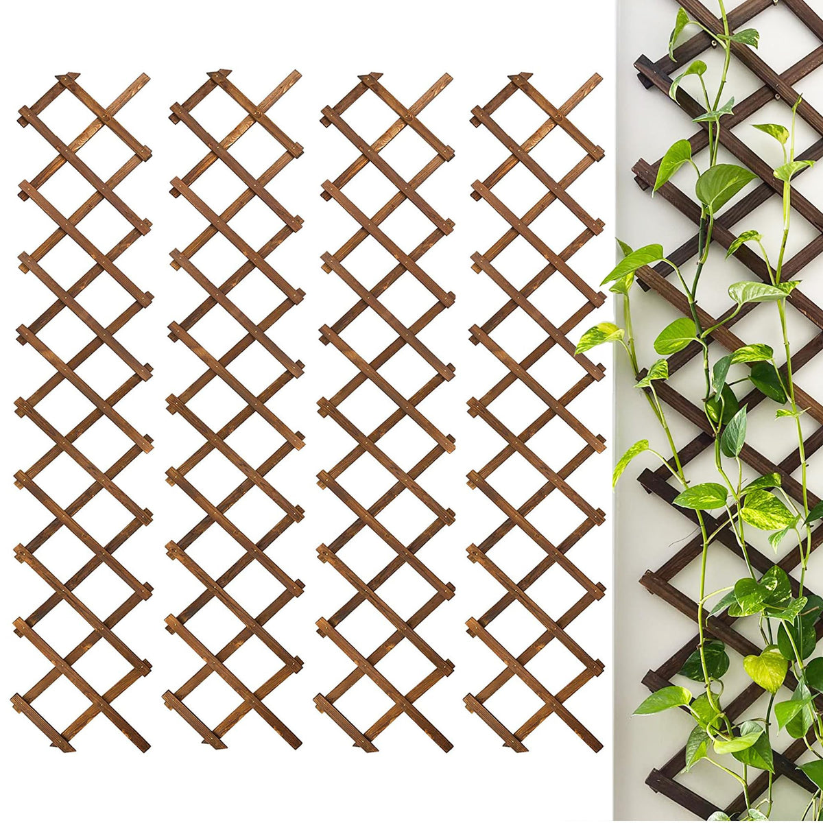 CJGQ front view of four wooden lattice panels showing pack and dimensions benefit