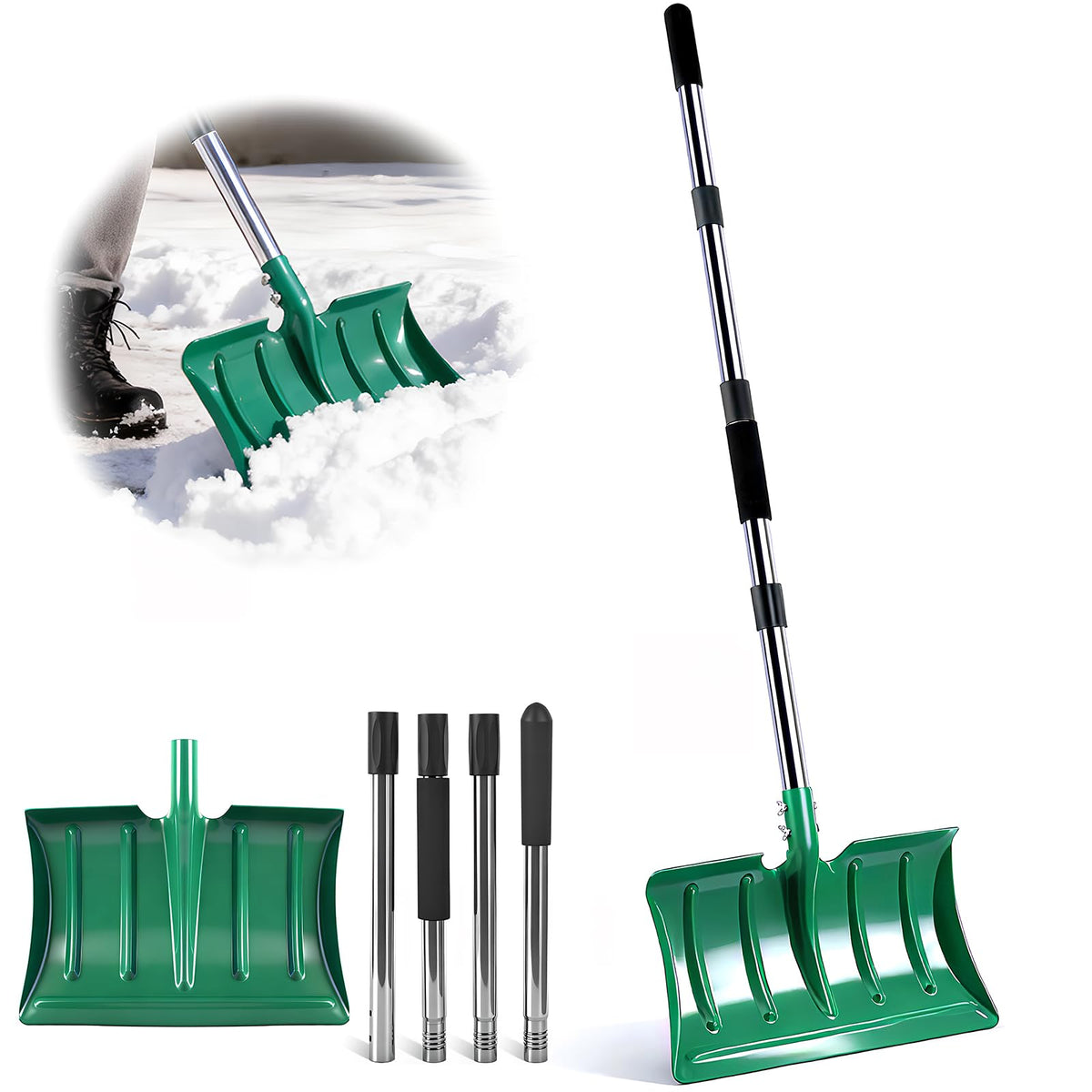 CJYMMFAN front view of full 64-inch snow shovel showing sturdy metal blade and shaft for heavy-duty clearing