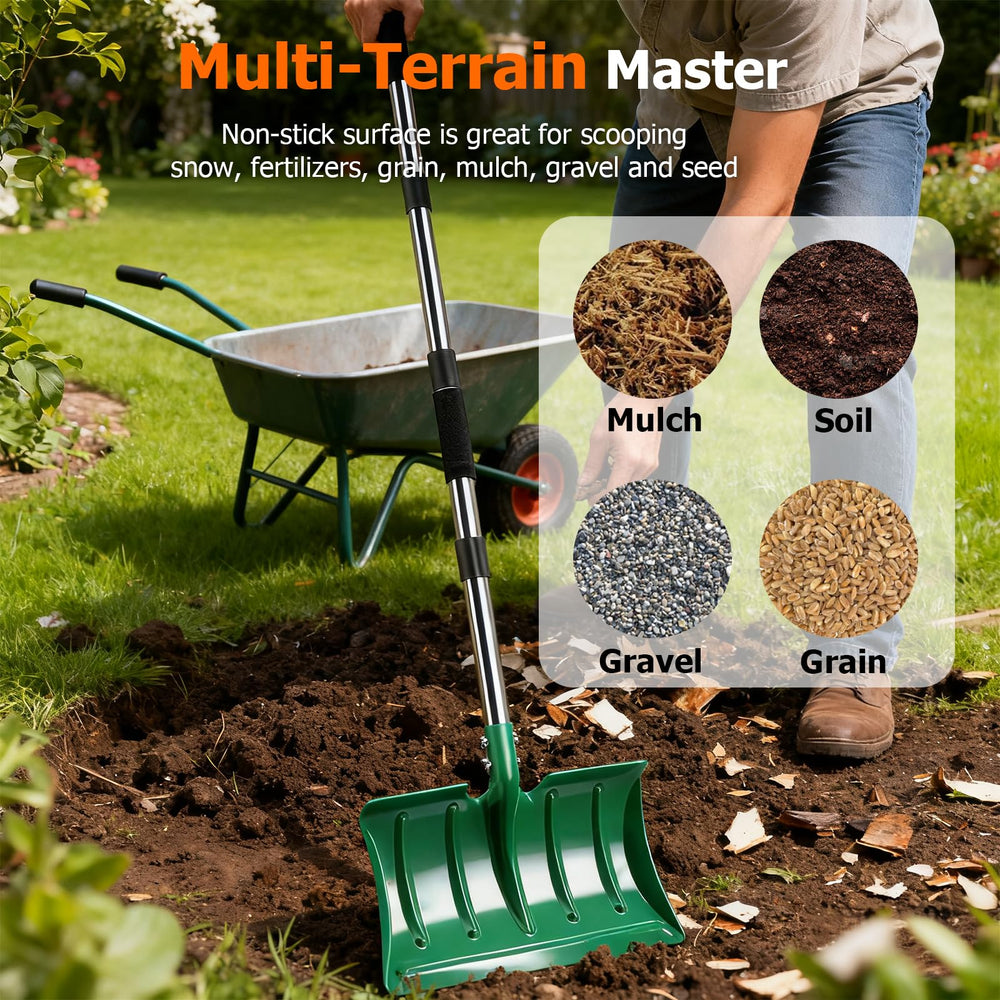 CJYMMFAN scooping mulch from a pile showing multi-use capability for garden, soil and landscaping tasks
