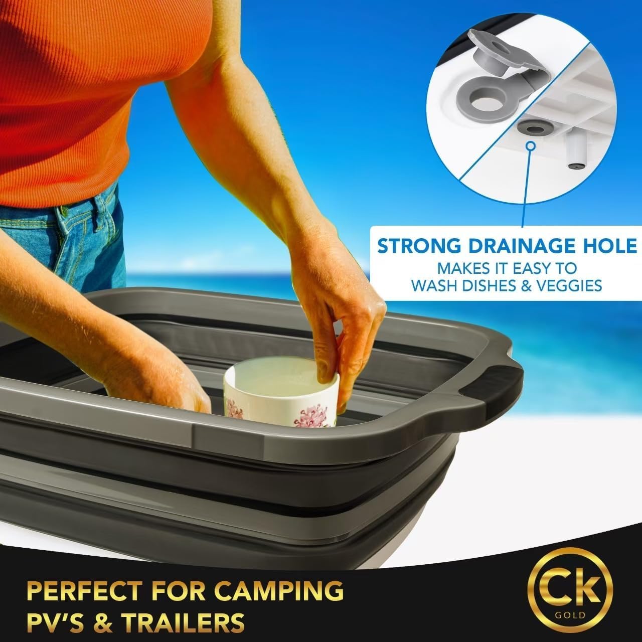 CK GOLD side locking buckles securing lid to prevent spills benefit