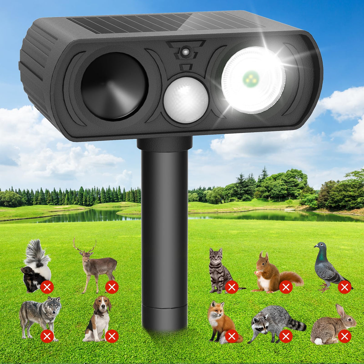 CKCOEO front view of repellent showing face and lights, deters animals effectively