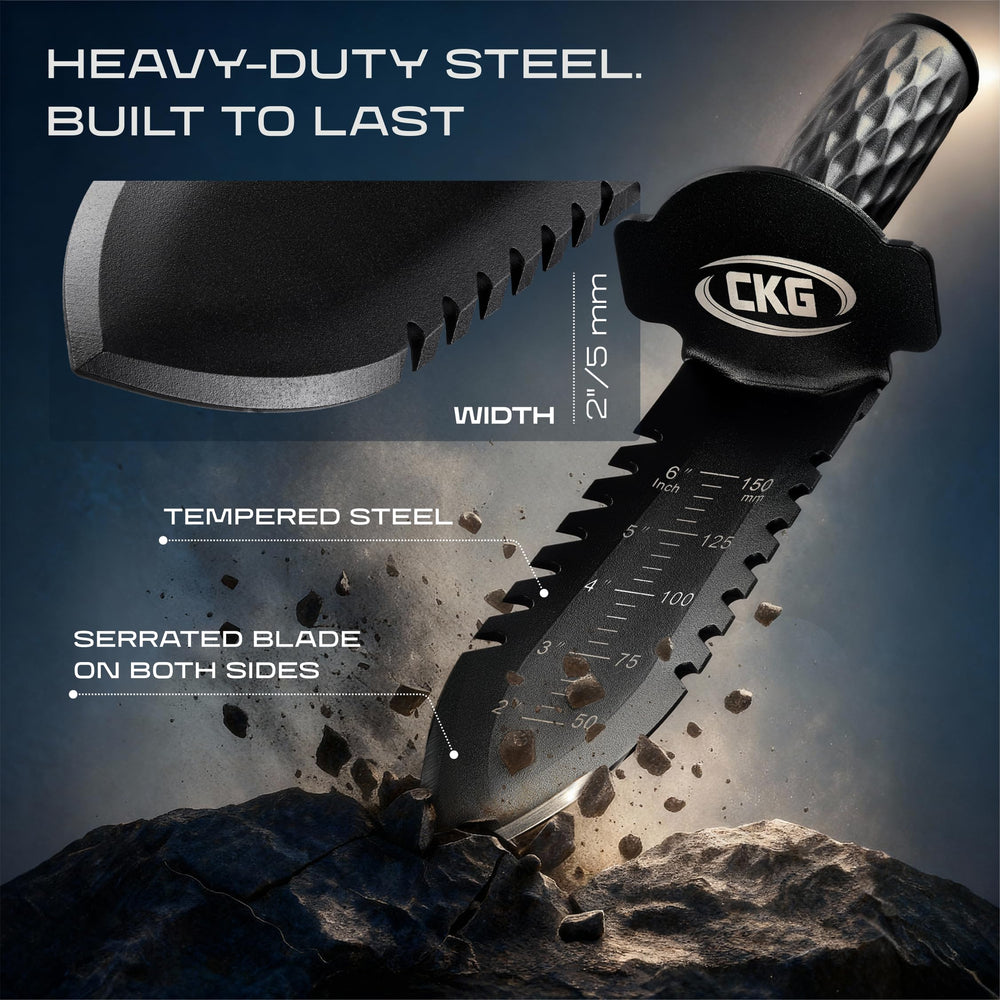 CKG double-serrated blade closeup cuts roots and tough soil for cleaner digs