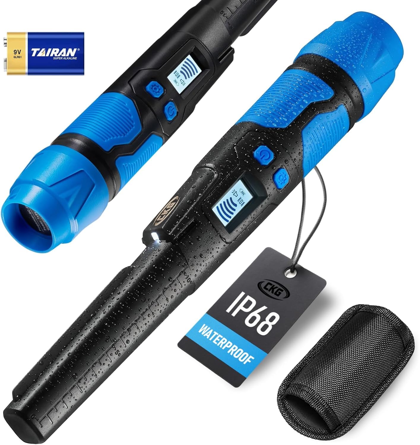 CKG front view pinpointer in blue showing controls and benefits of ergonomic design