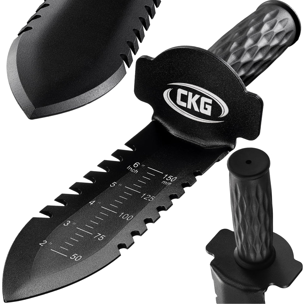 CKG shovel front view showing compact design and durable steel construction benefit portability