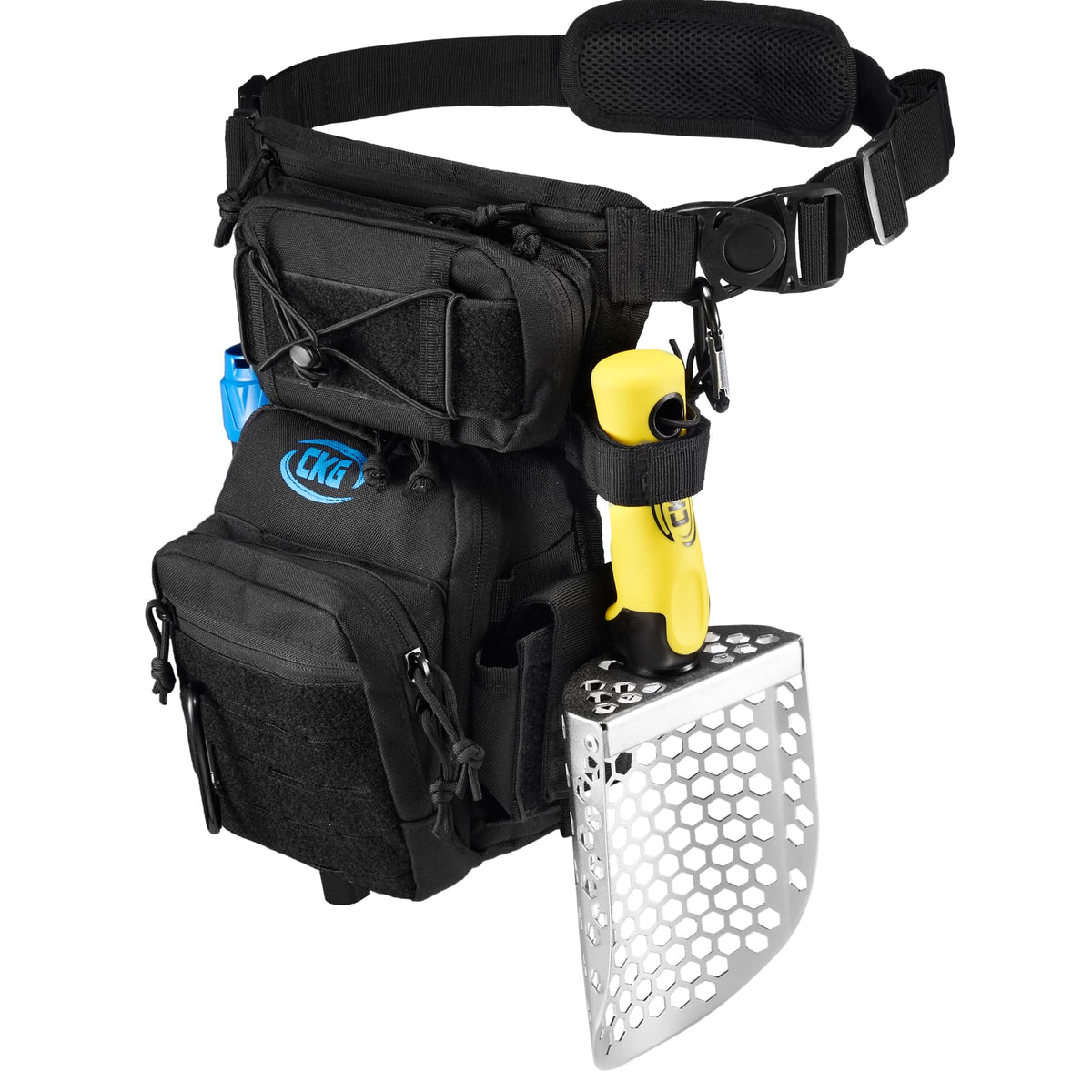 CKG leg bag front view showing pockets and secure closures for organized storage