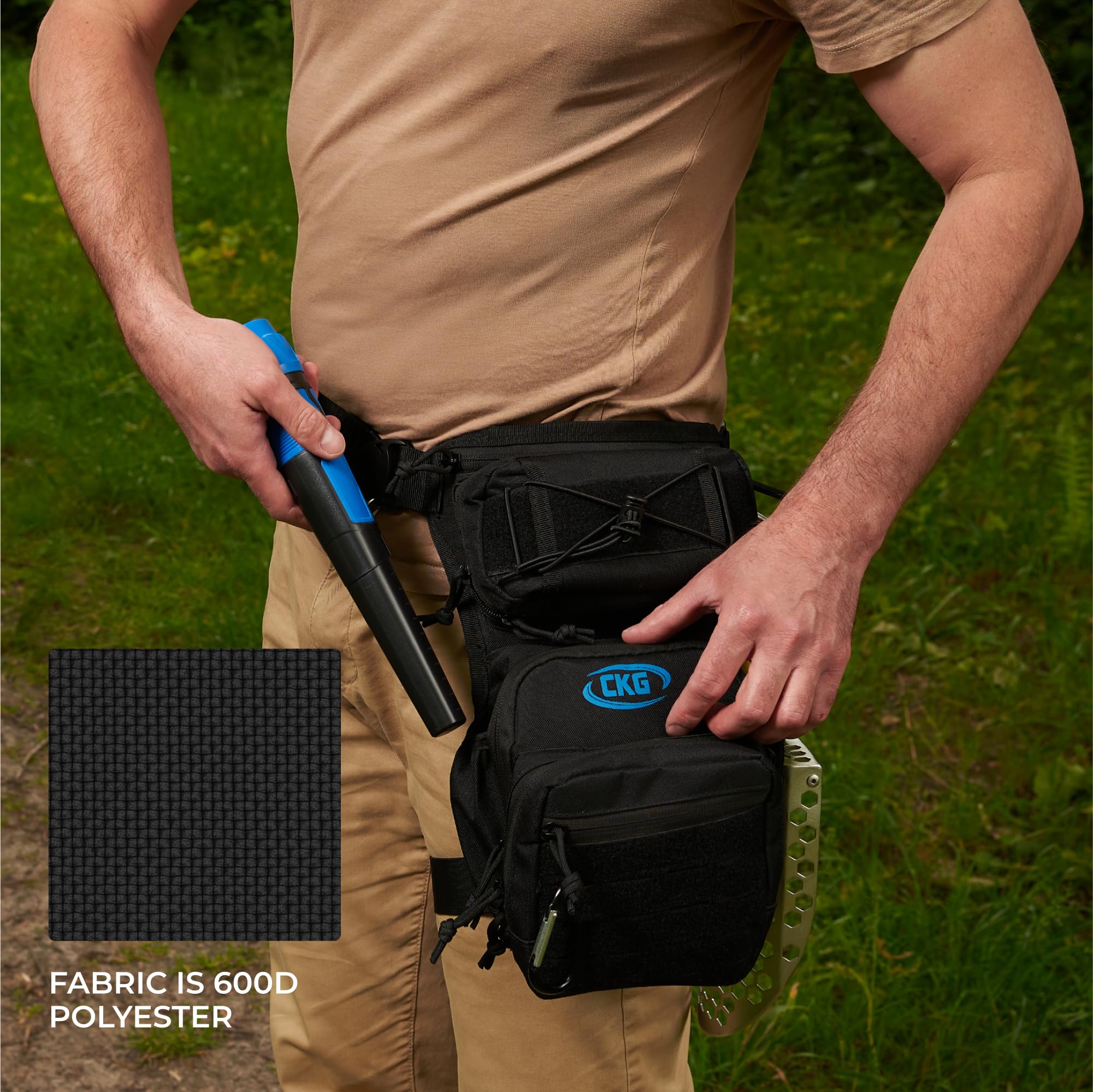 CKG leg bag in field metal detecting showing quick access to tools and finds