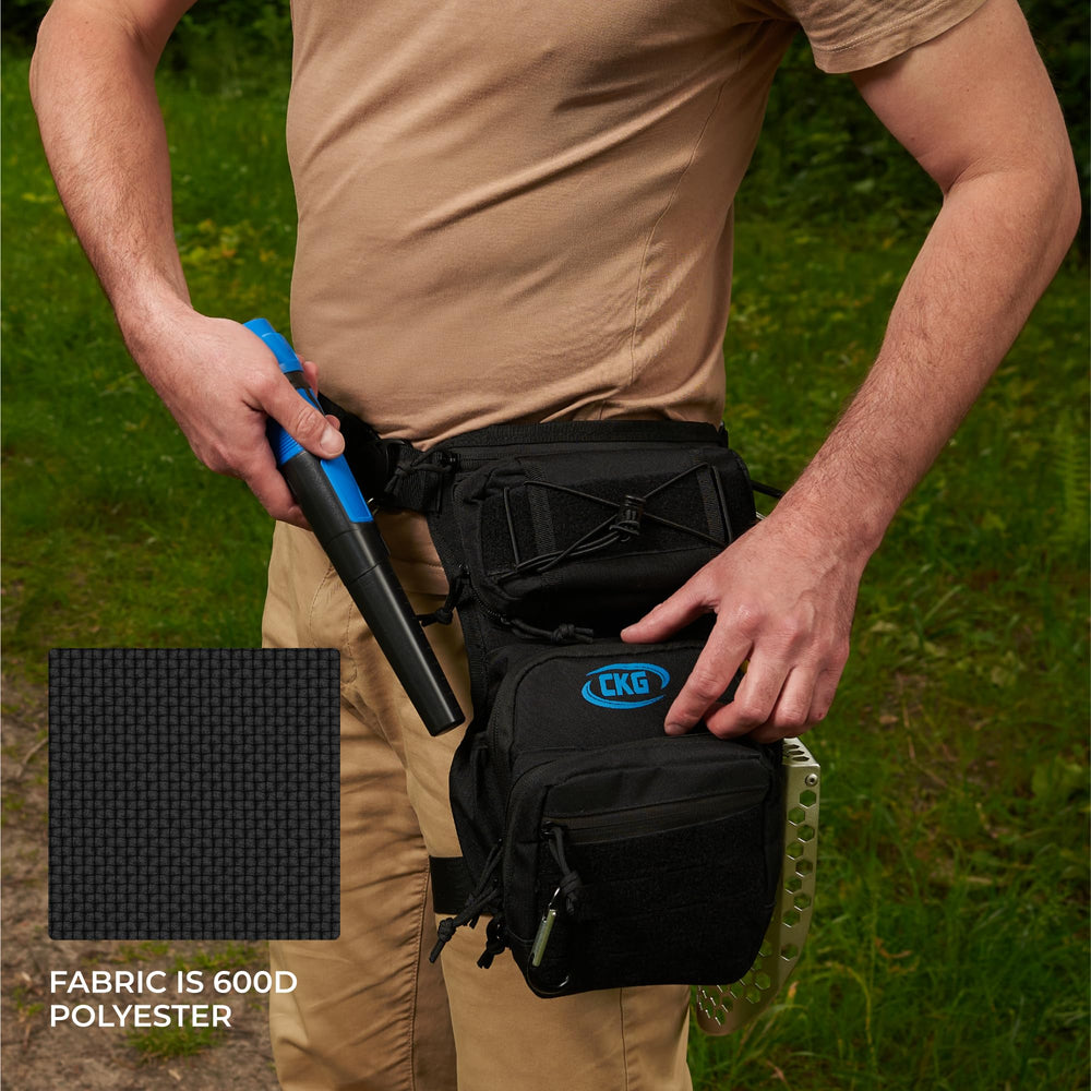 CKG leg bag in field metal detecting showing quick access to tools and finds