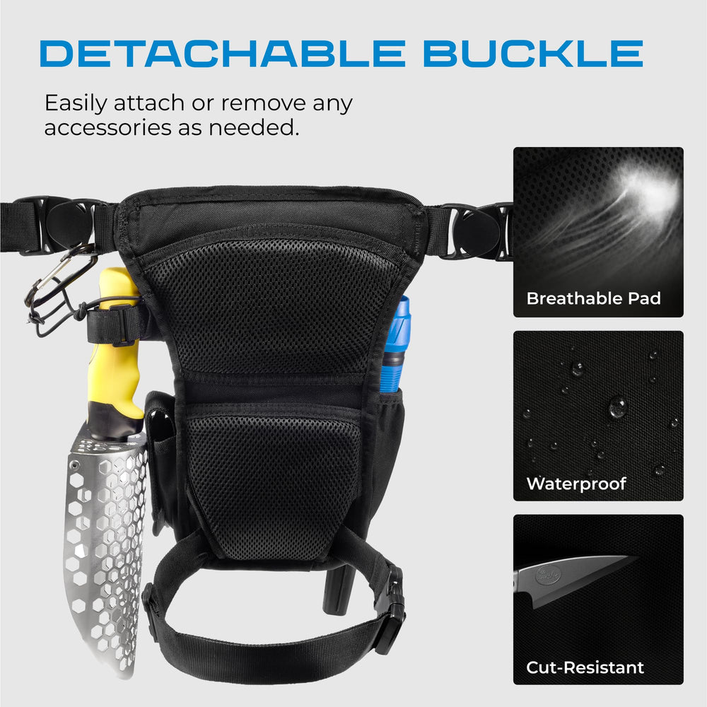 CKG leg bag open compartments revealing organized pockets for detector accessories