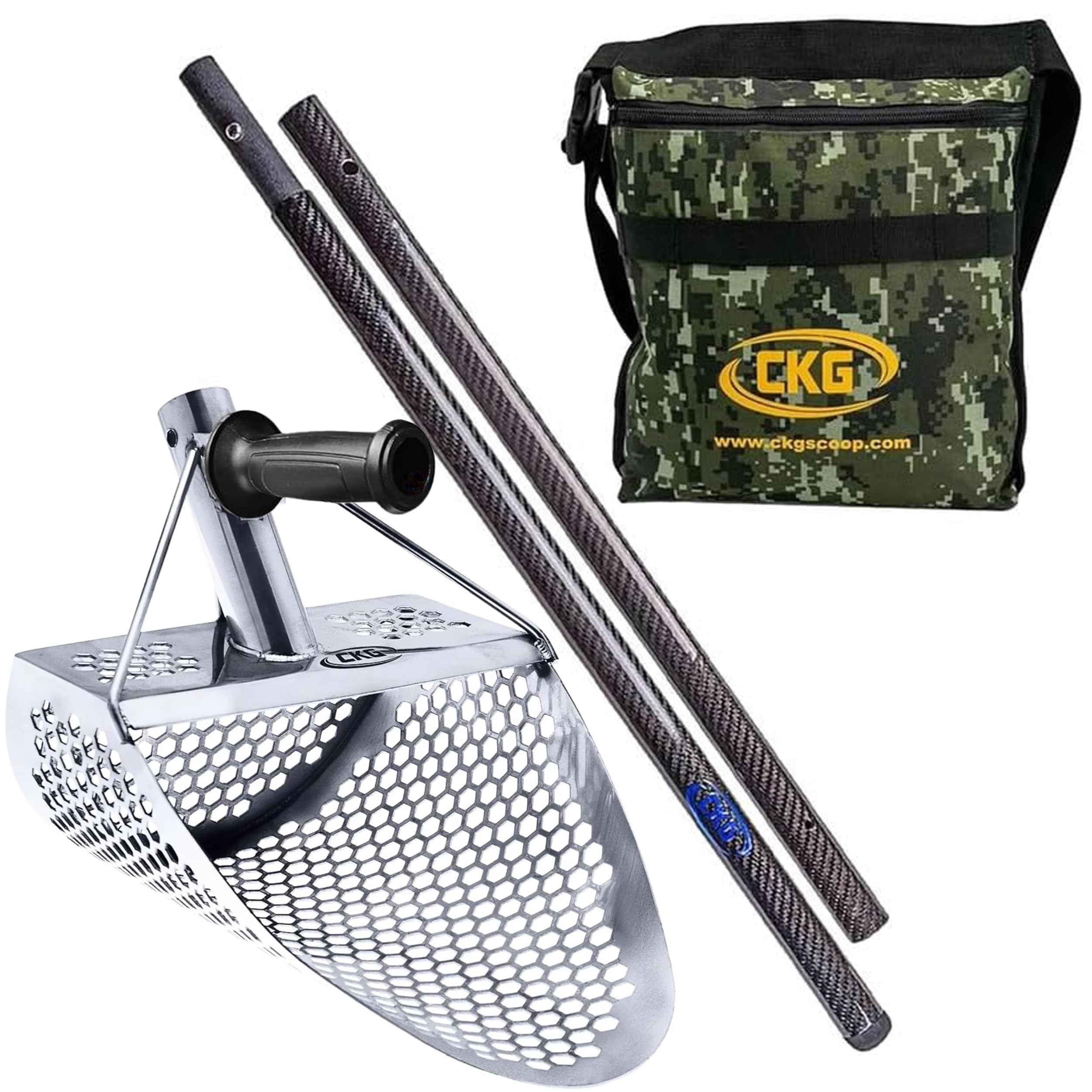 CKG front view of stainless steel scoop showing sturdy lip for faster recoveries