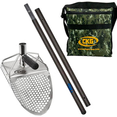 CKG front view of stainless steel sand scoop showing wide mouth and holes, fast sifting