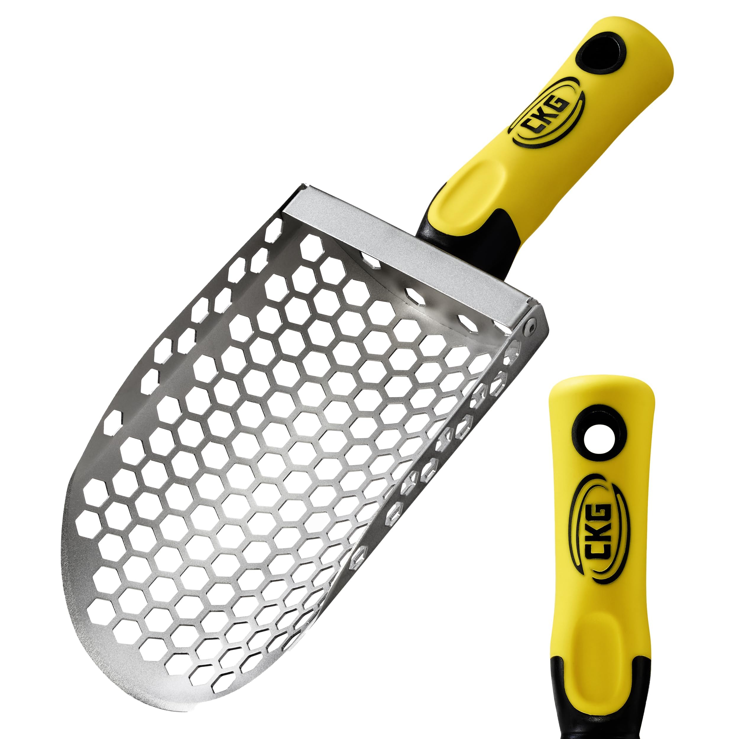 CKG sand scoop front view showing durable stainless bowl and ergonomic handle for faster finds