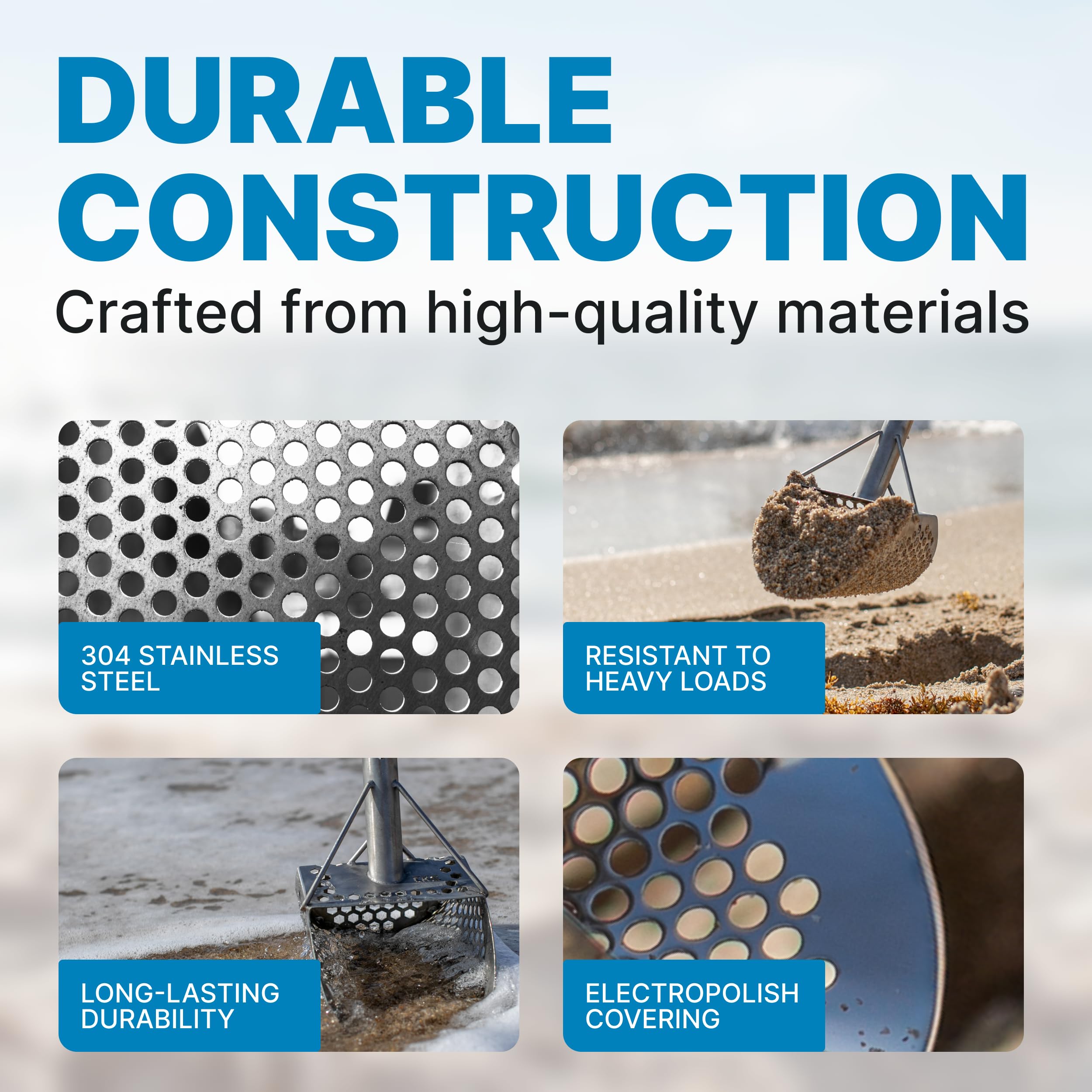 CKG sand scoop material stamp showing stainless steel 304 durability