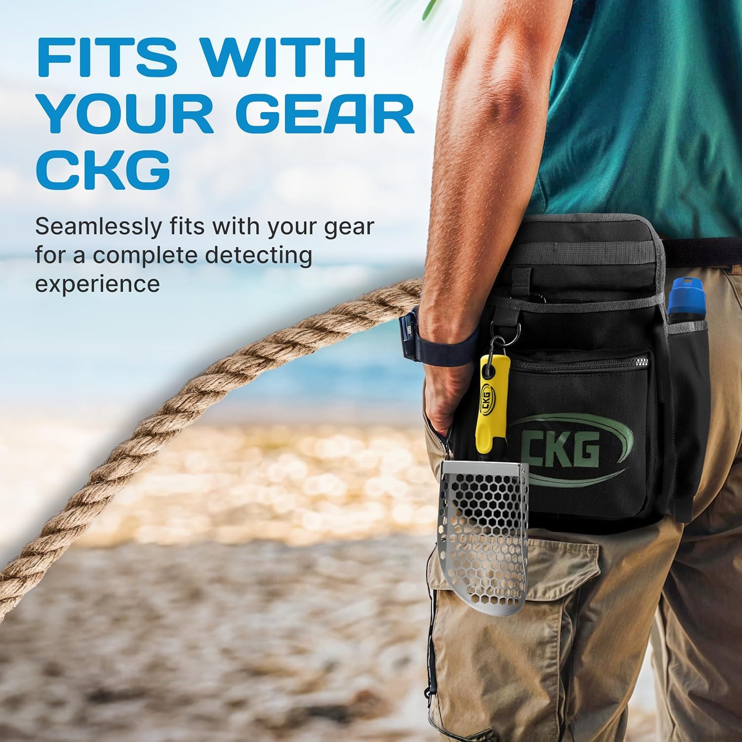 CKG scoop staged with detector and bag showing complete beach detecting setup benefit
