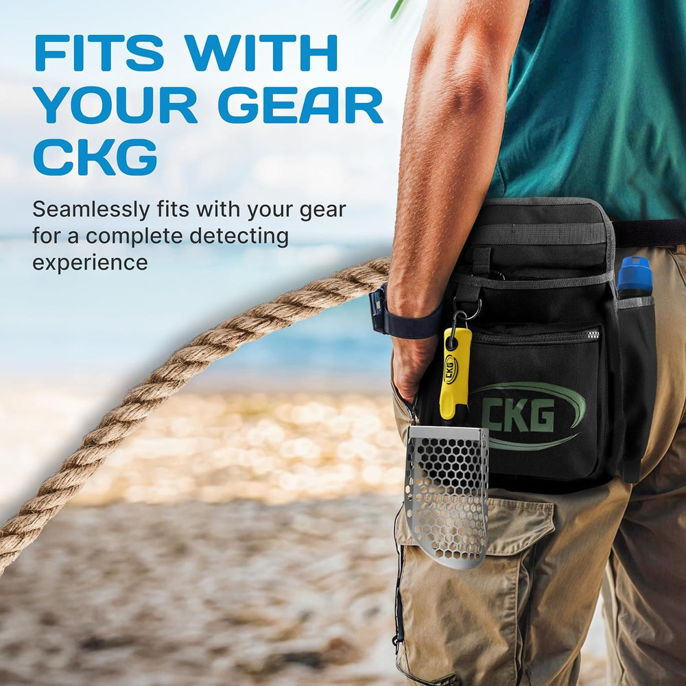 CKG scoop staged with detector and bag showing complete beach detecting setup benefit