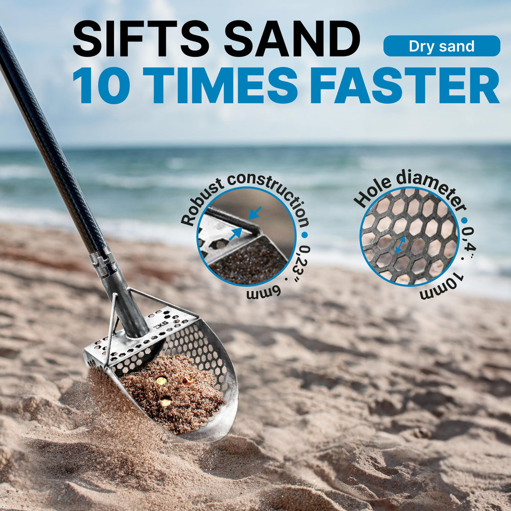 CKG sand scoop attached to handle for extended reach and leverage