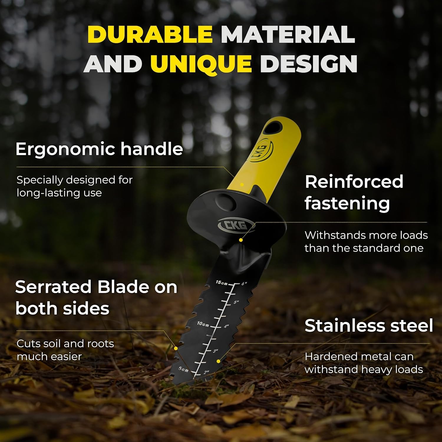 CKG shovel close-up of double serrated edge cutting roots cleanly
