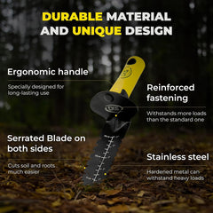 CKG shovel close-up of double serrated edge cutting roots cleanly