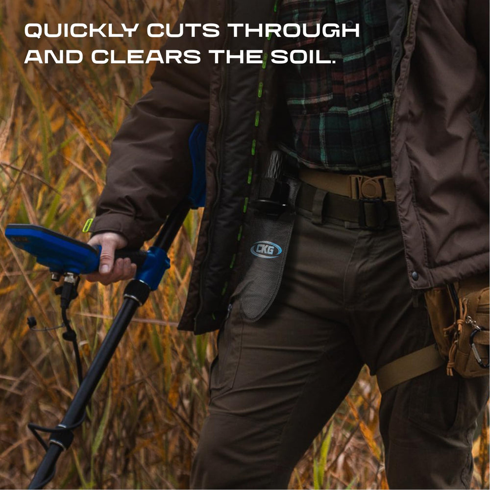 CKG shovel size comparison beside hand demonstrates compact carry-friendly design