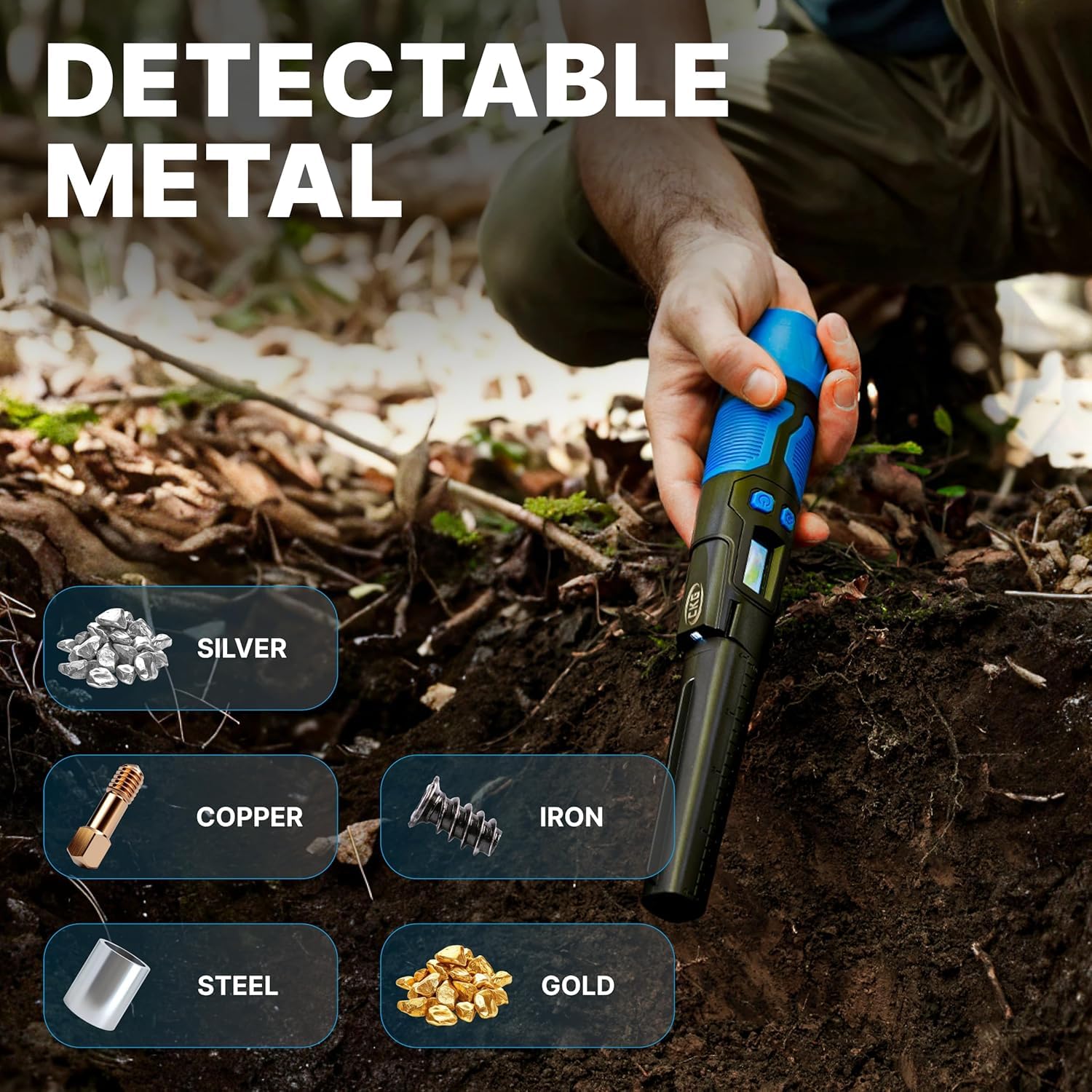 CKG pinpointer beside AA battery showing compact size and portability benefit