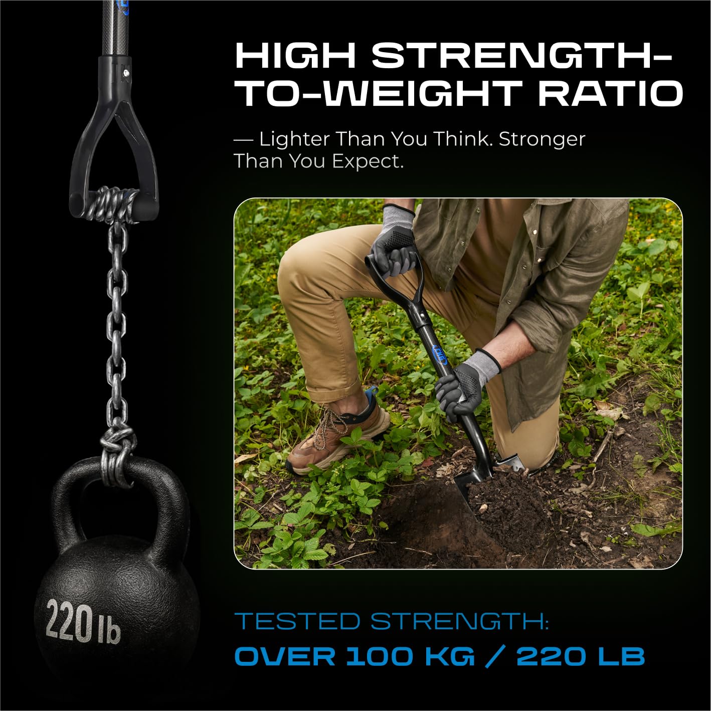 CKG carbon-fiber handle close-up highlighting grip comfort and strength