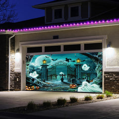Ckihgenn mounted on a two-car garage, delivers instant Halloween atmosphere