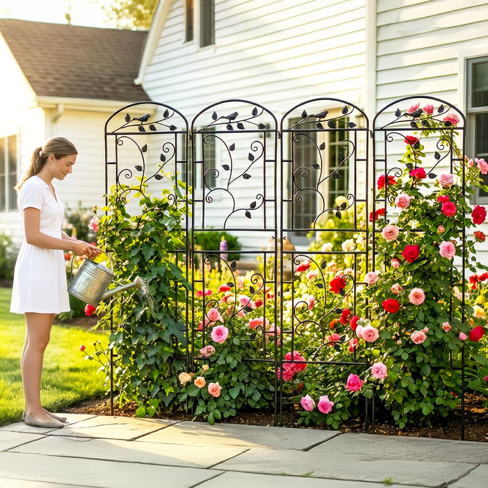 CL FUN trellis used in container garden to save ground space and create lush vertical display