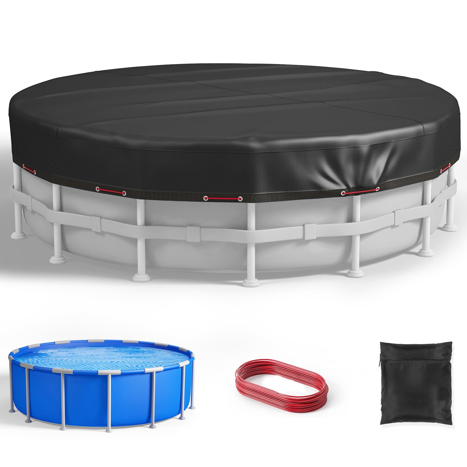 CL FUN front view of 16ft round pool cover packaging showing features and fit