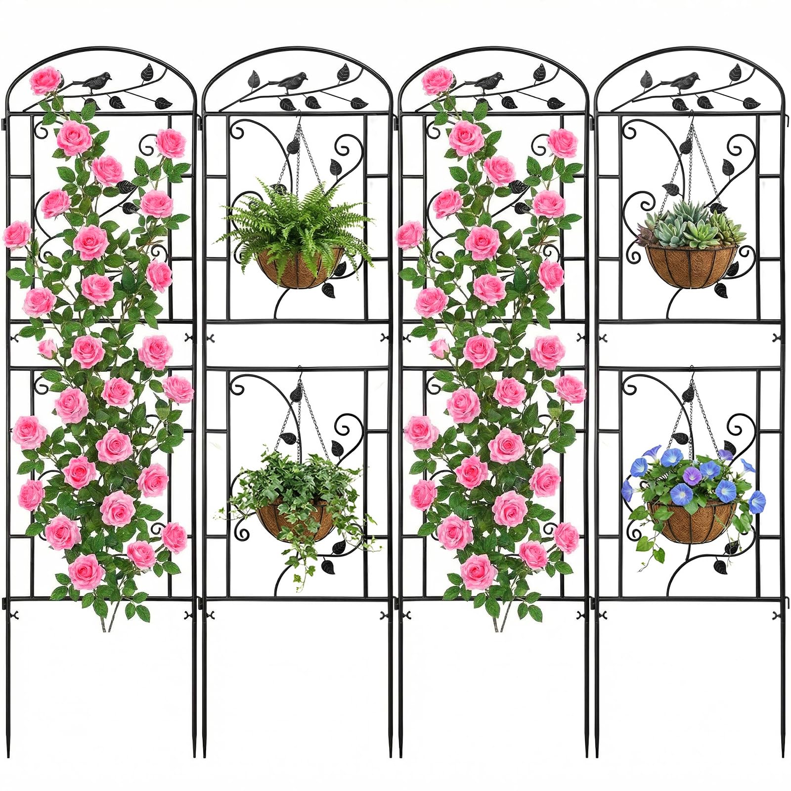 CL FUN front view of metal trellis showing decorative bird and vine design and durable support
