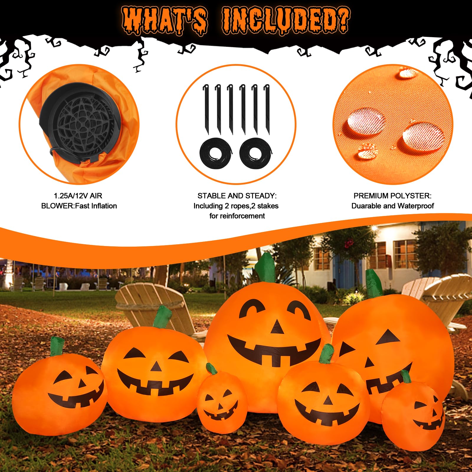 CL FUN side profile of inflatable pumpkin demonstrating full 7.5 ft scale