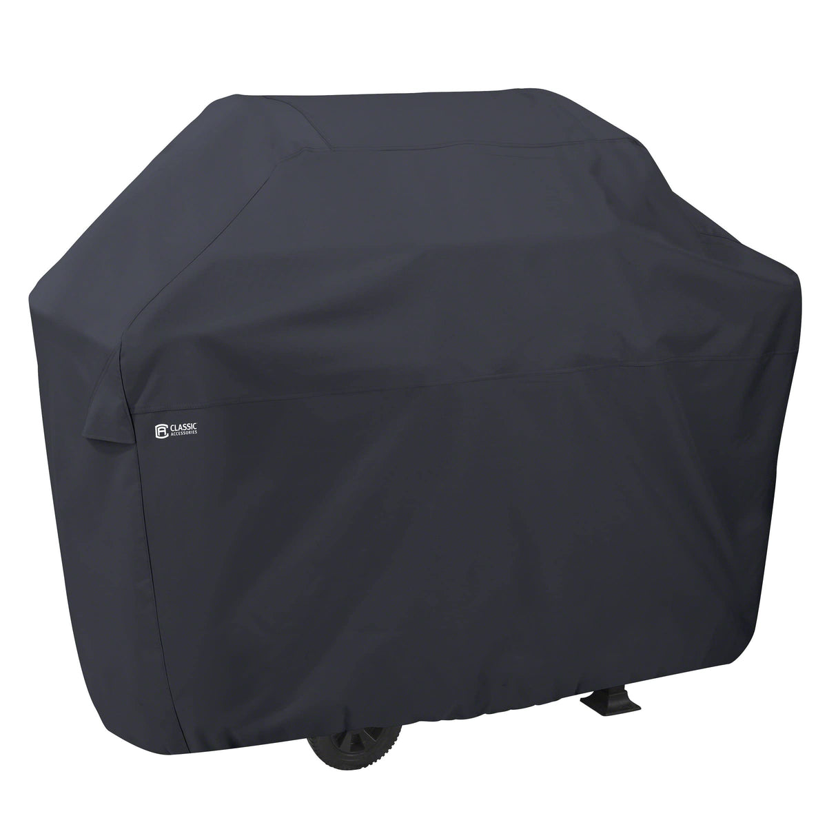 Classic Accessories front view of 64-inch grill cover protecting grill outdoors