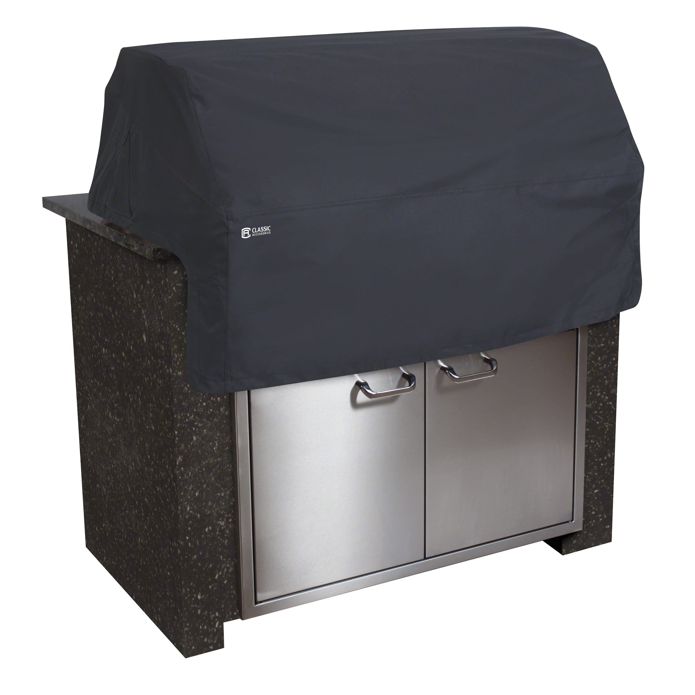 Classic Accessories front view of cover protecting a built-in grill top, showing full coverage benefit