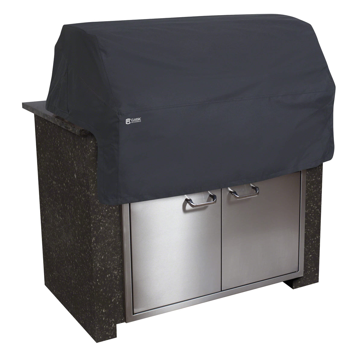 Classic Accessories front view of cover protecting a built-in grill top, showing full coverage benefit